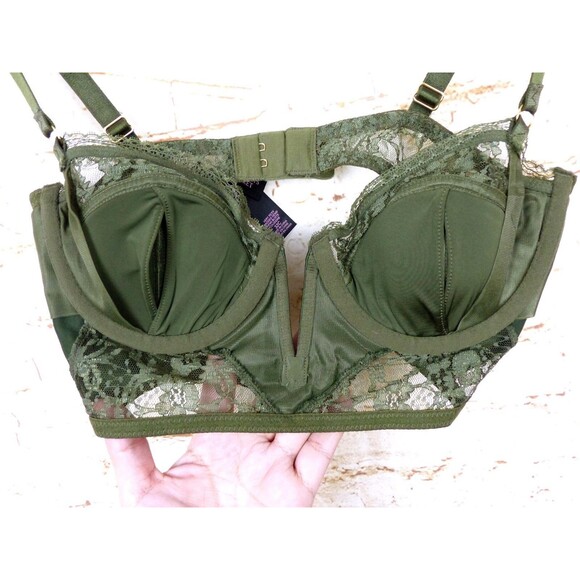 Victoria’s Secret Very Sexy Bustier Demi Bra 32C Olive Green Lace Satin Pin Up - Picture 10 of 14